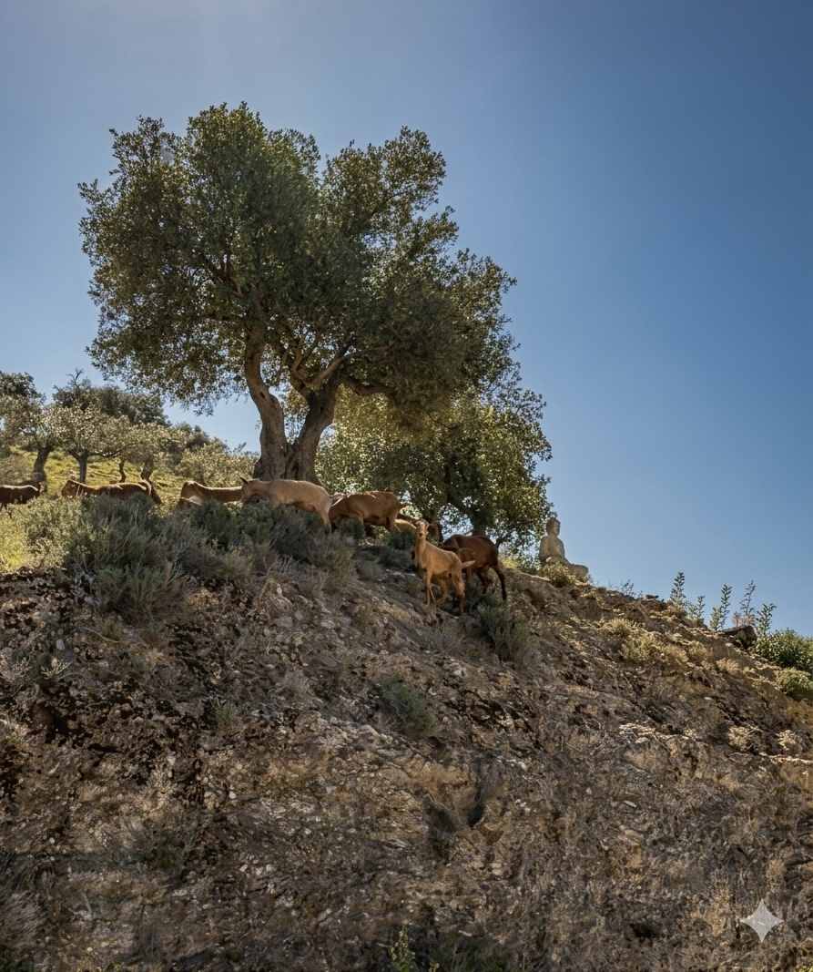 Olijfbomen en geiten in het Andalusische landschap