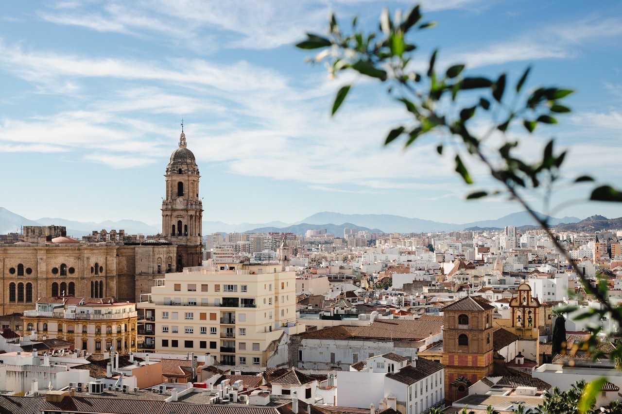 Malaga city centre with the cathedral tower, 45 minutes from the finca